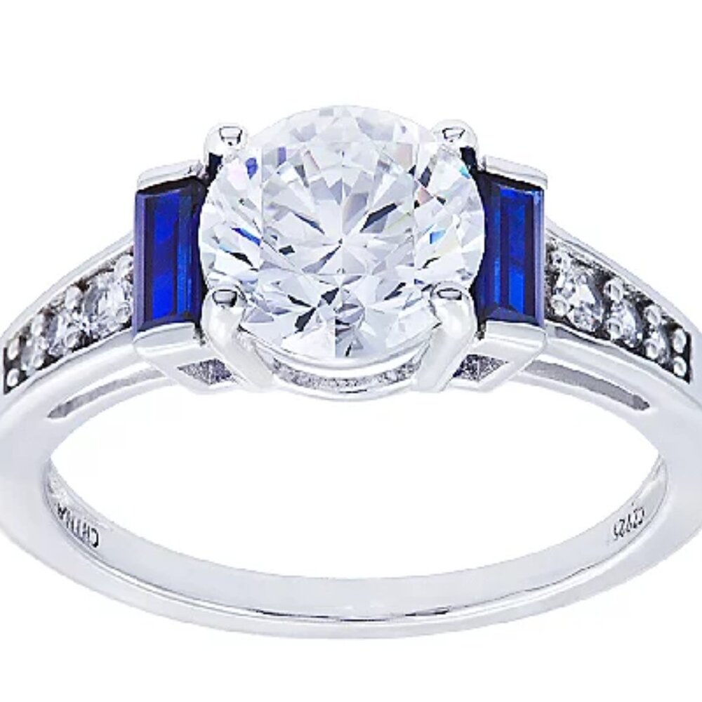 Diamonique & Simulated Sapphire Ring, PlatinumClad